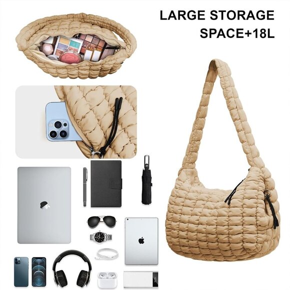 Puffer Crossbody Tote Bag Women Quilted Nylon Large Capacity Travel Work - Picture 4 of 6